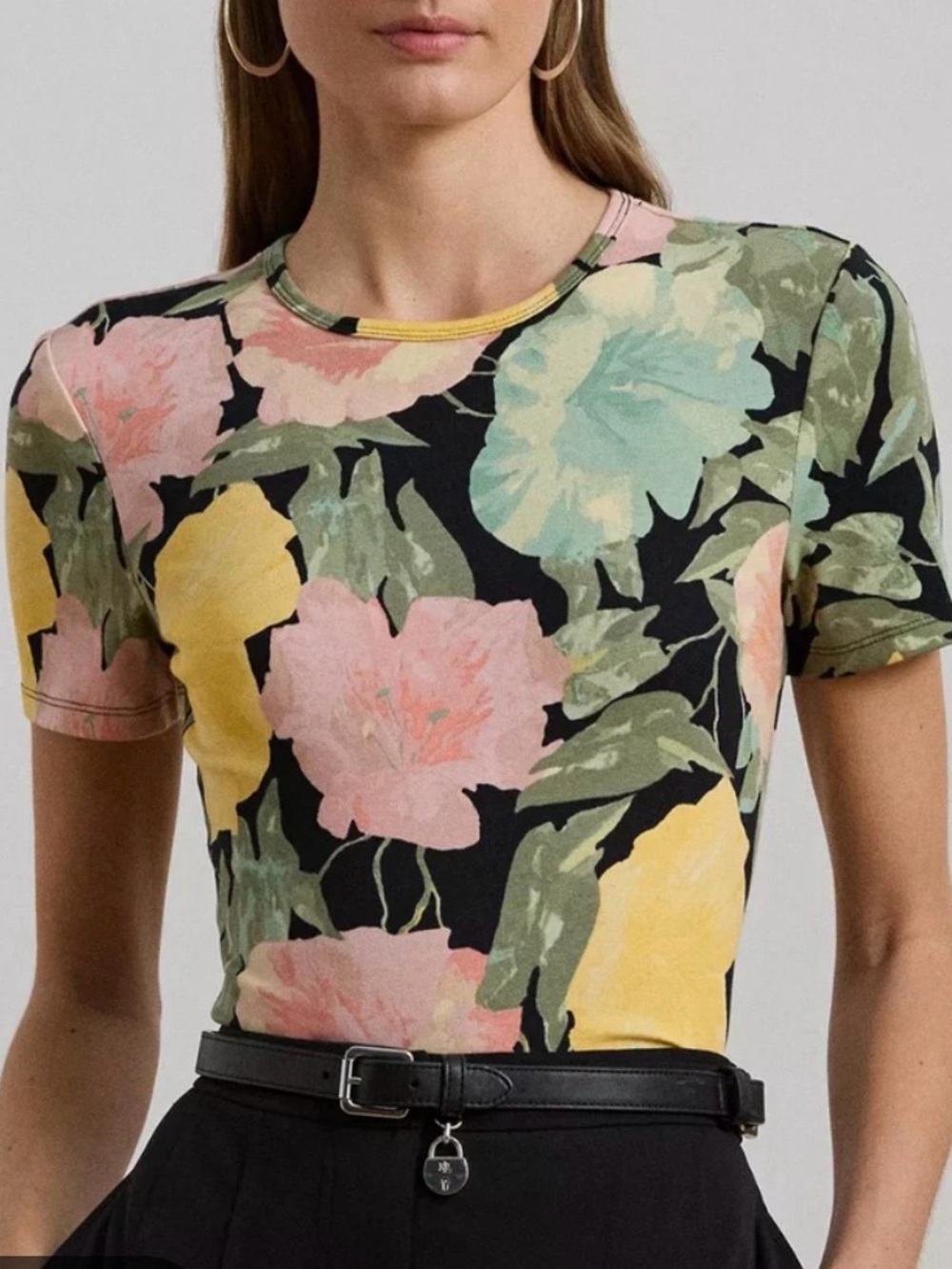 NEW Lauren Ralph Lauren XS Multicolor Floral Crew Neck Short Sleeve Stretch Tee